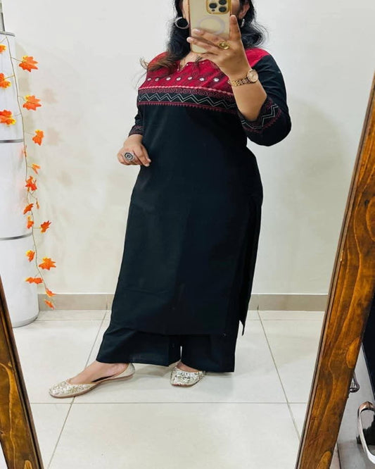 Floral embroidered black round_neck cotton Kurta set With Trouser