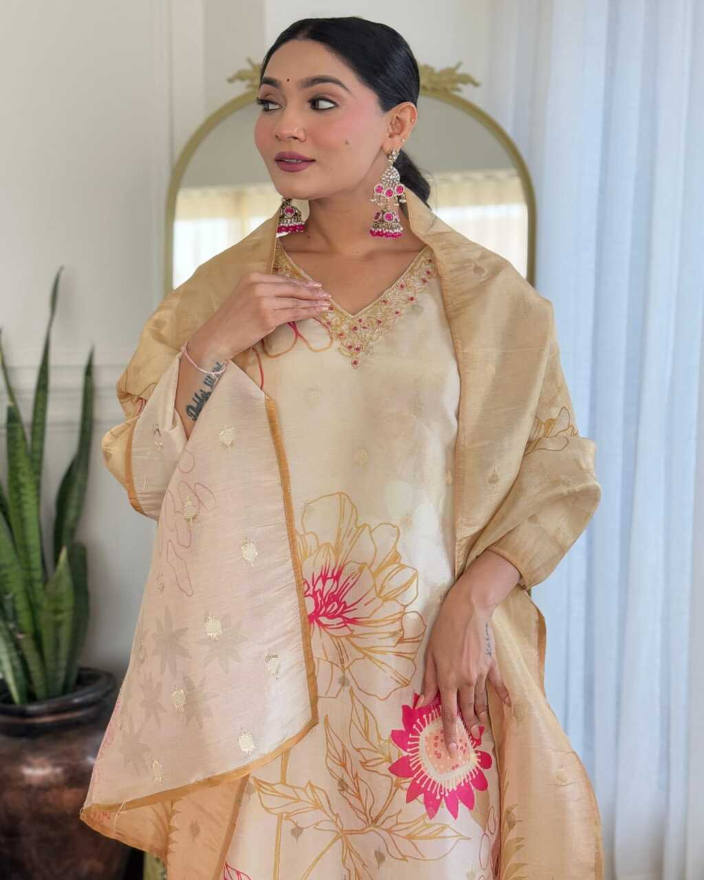 Floral embroidered beige v_neck chinon Kurta set With Trouser & Dupatta