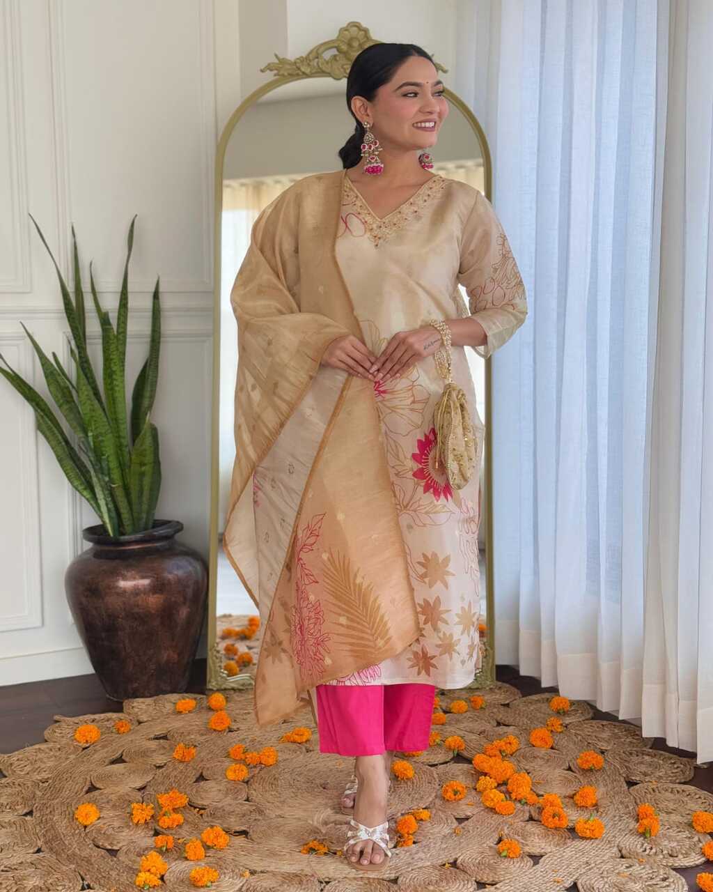Floral embroidered beige v_neck chinon Kurta set With Trouser & Dupatta