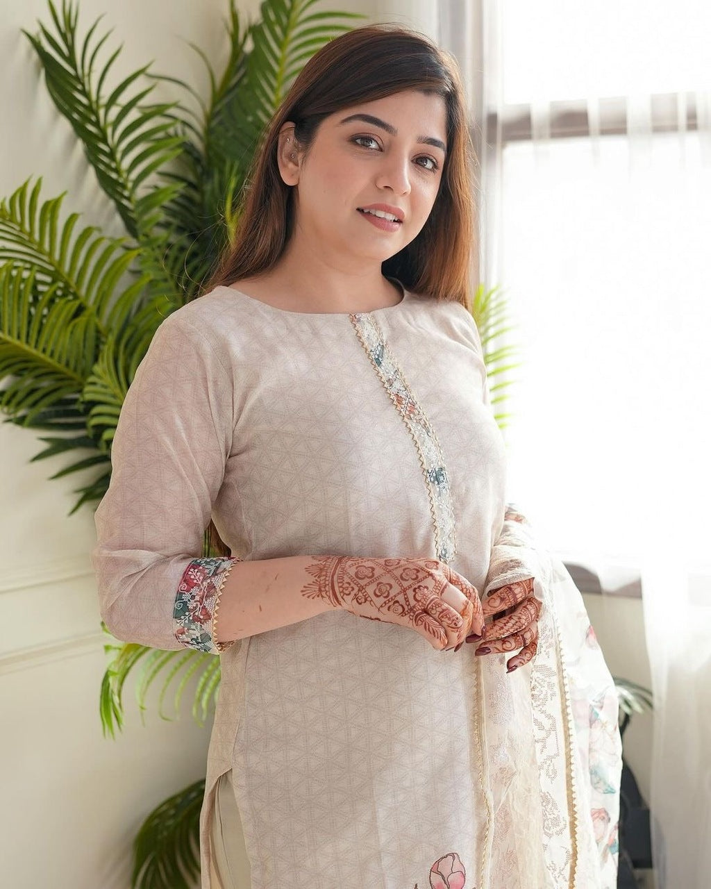 Floral embroidered beige round_neck Kurta set With trouser and dupatta