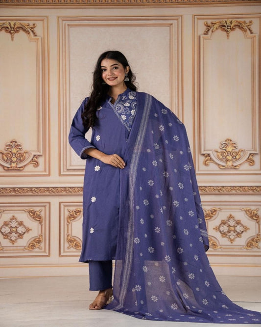 Floral embroidered blue round_neck Kurta set With trouser and dupatta